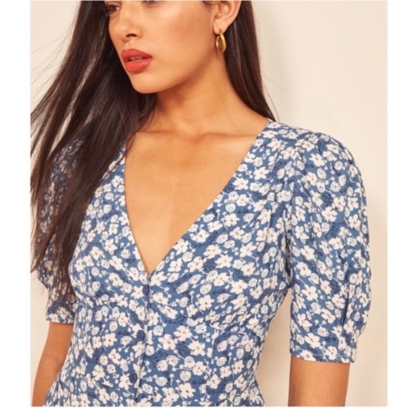 Reformation Madeline Floral Puff Sleeve Blouse Raquel Blue White Size 4 - Picture 5 of 9